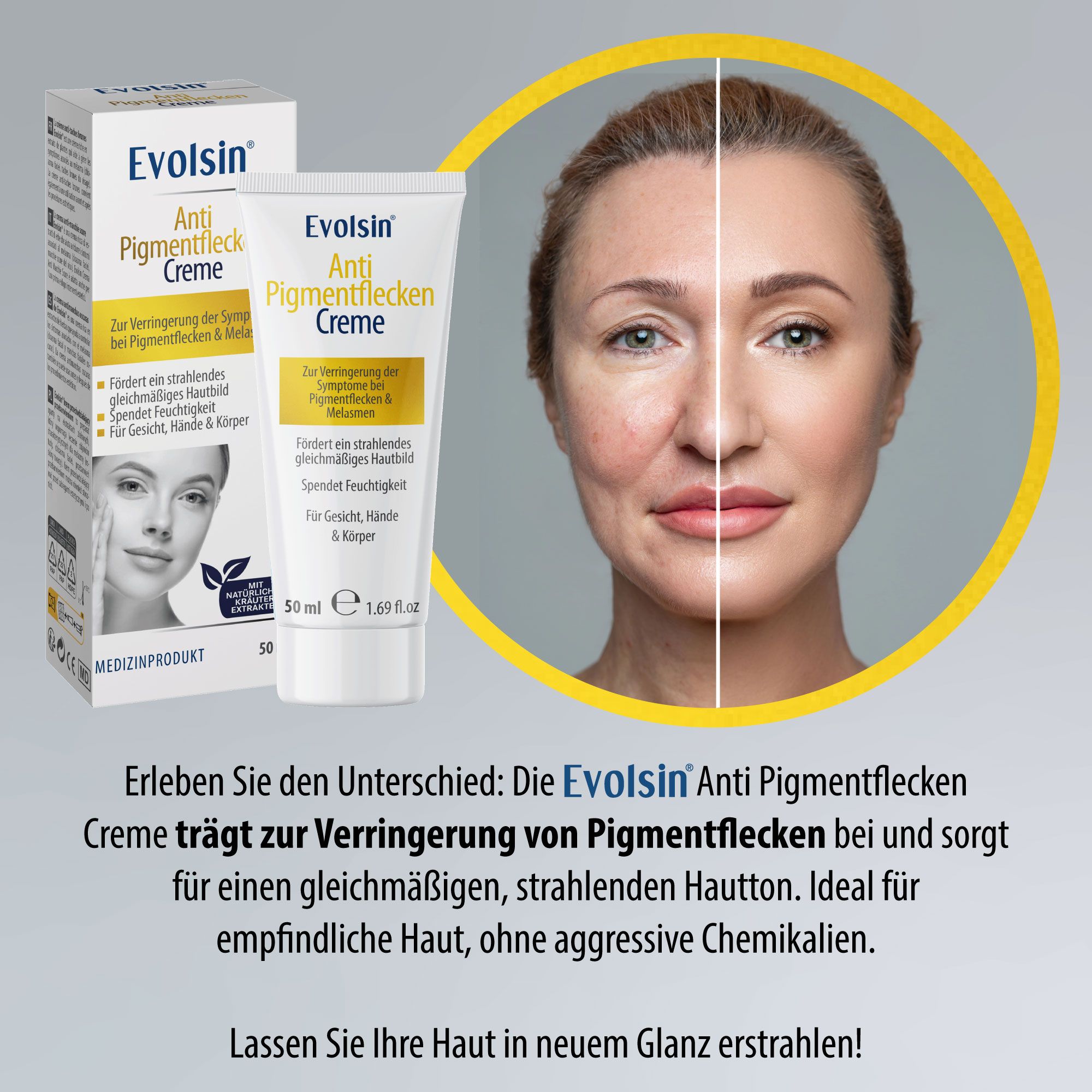 Vorteile von EVOLSIN®. Text: Für Pigmentflecken, Melasmen und Altersflecken. Mit natürlichen Kräuterextrakten. CE-Zeichen.