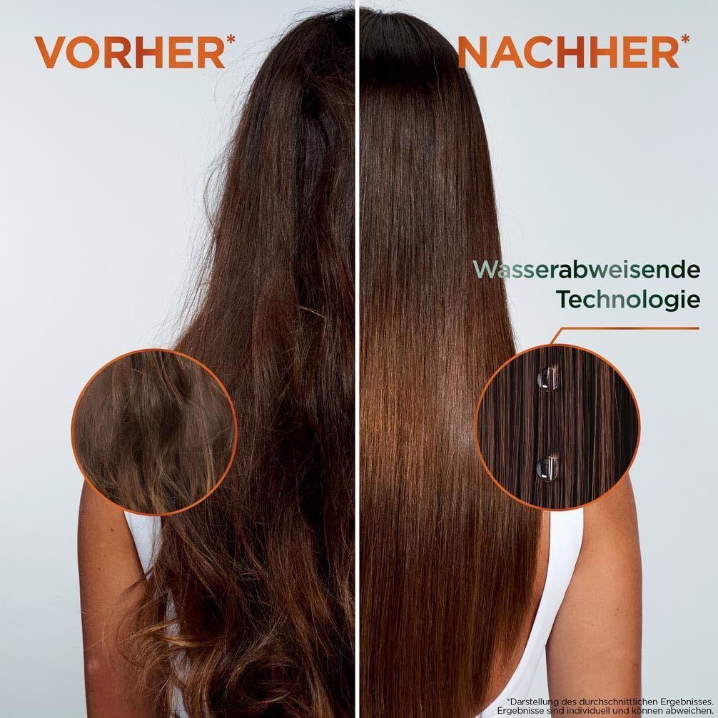 Vergleich von Haaren vor und nach der Anwendung. Links: krauses Haar. Rechts: glattes Haar mit Wasserabweisender Technologie.