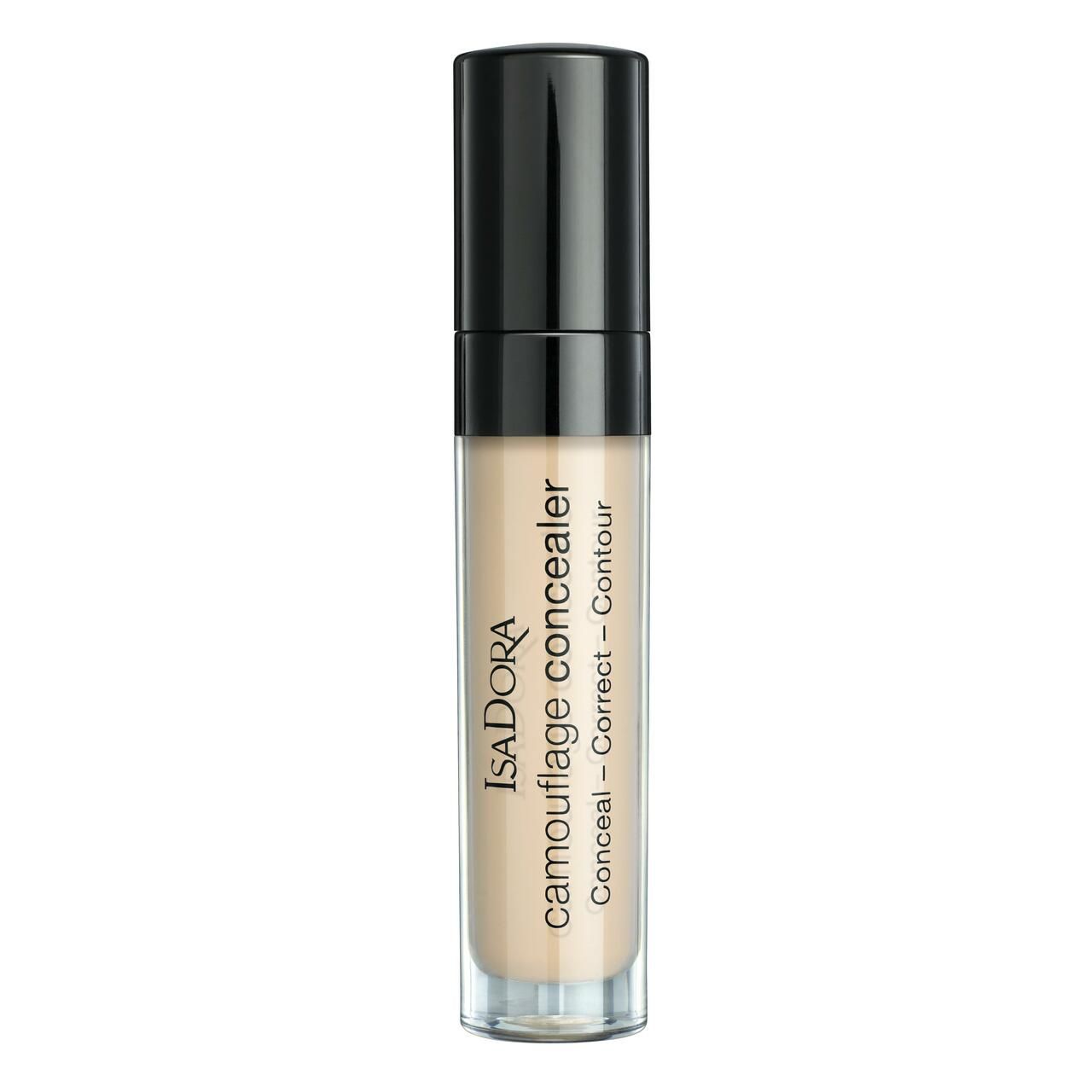 IsaDora Camouflage Concealer. Transparente Tube mit schwarzem Deckel. Produkttext: Conceal - Correct - Contour.