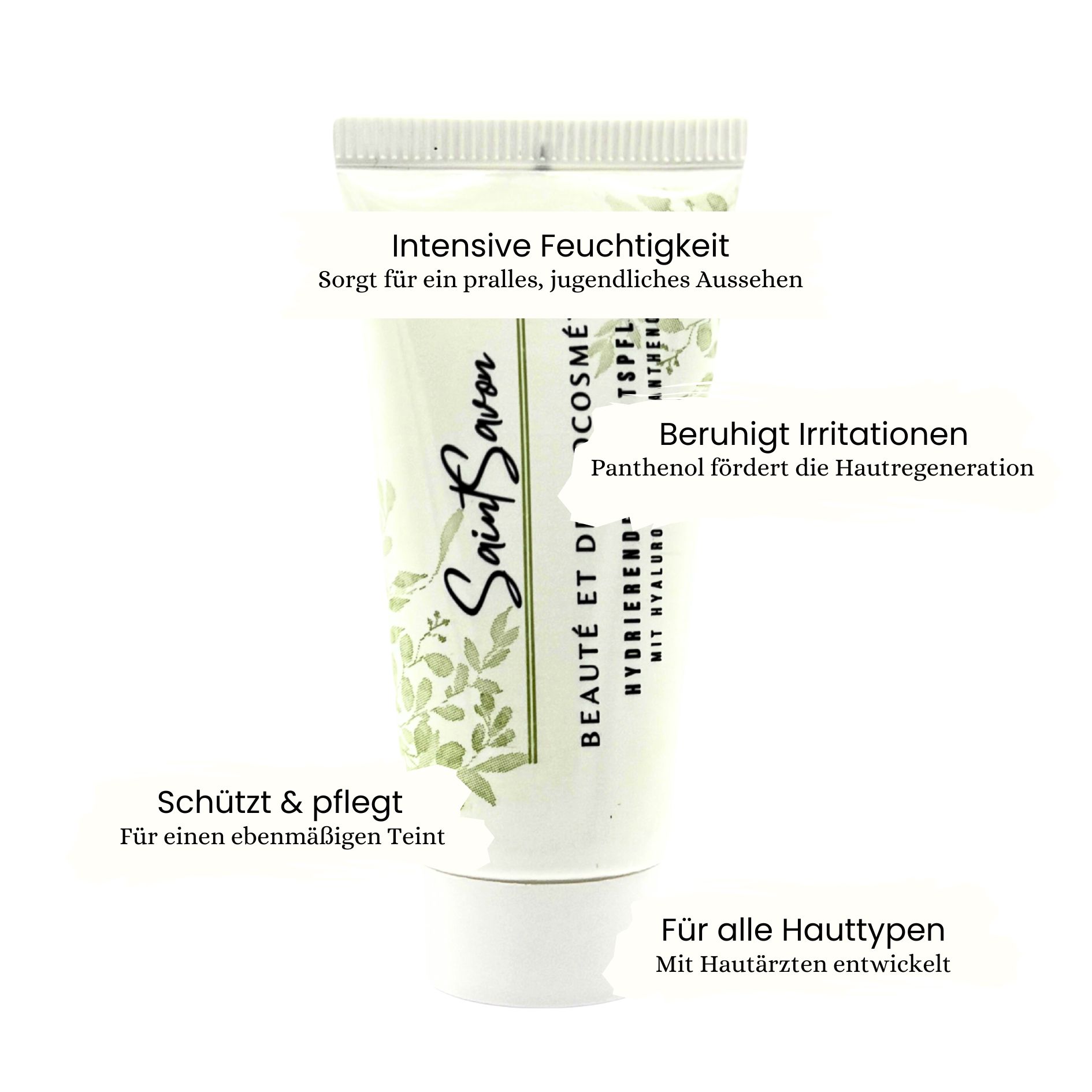 Creme-Tube Saint Savon mit Text. Beschriftung HYDRIERENDE GESICHTSPFLEGE. Zusätzliche Textfelder.