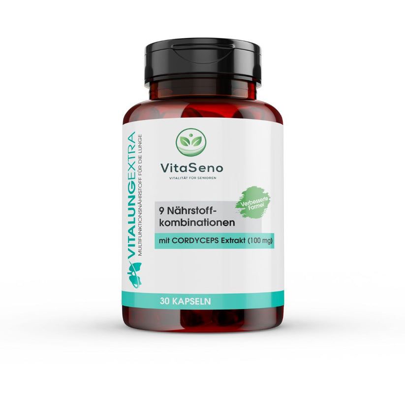 Braune Kapsel-Dose mit schwarzem Deckel. Aufschrift: VitaSeno, 9 Nährstoff-Kombinationen, mit Cordyceps Extrakt. 30 Kapseln.