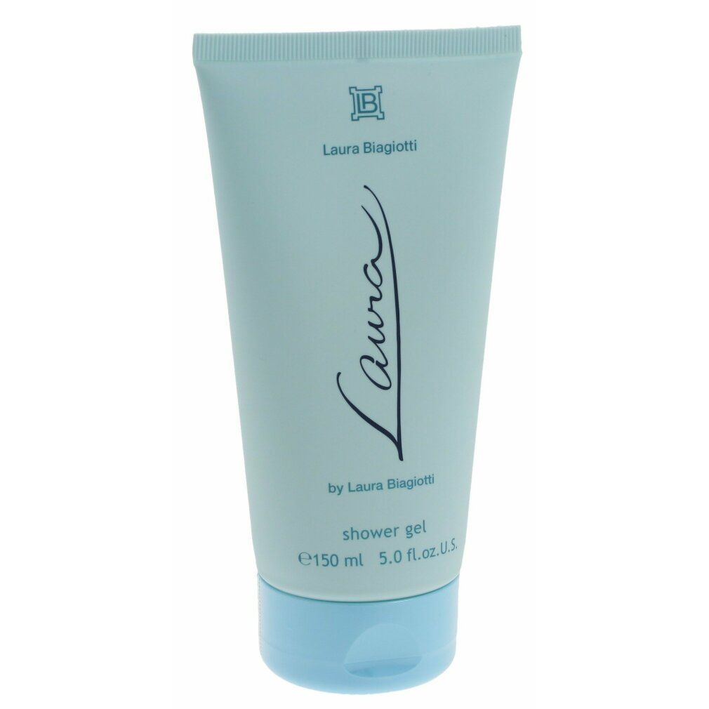 Hellblaues Duschgel in Tube. Aufschrift "Laura Biagiotti" und "shower gel".