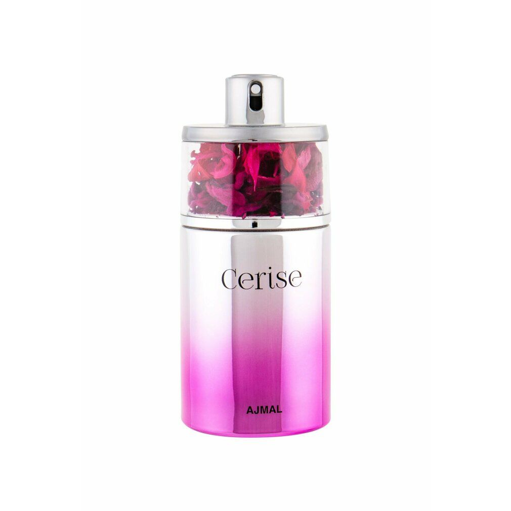 Parfümflakon mit silberner Kappe und rosa Farbverlauf. Der obere Teil enthält Blütenblätter. Aufschrift: Cerise, Ajmal.