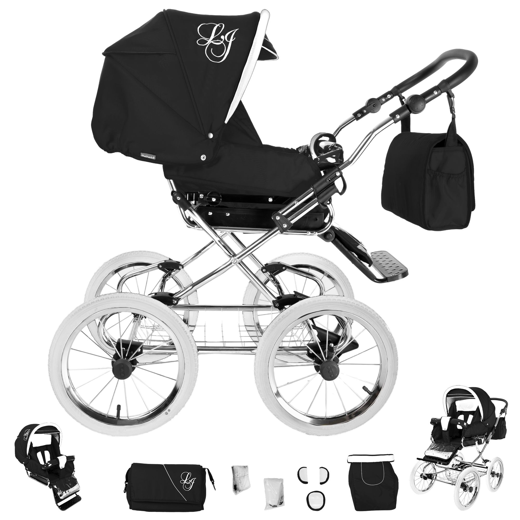 Bebebi Loving 4 in 1 Kinderwagen Komplettset ISOFIX Basis Nostalgie Kinderwagen, Black Tender