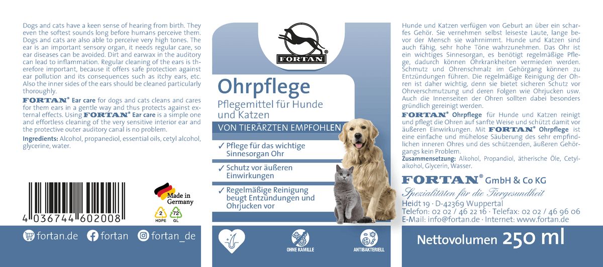 Etikett mit Produktname, Logo und Abbildung von Hund und Katze. Text: Ohrpflege. Enthält Informationen zu Inhaltsstoffen und Hersteller.