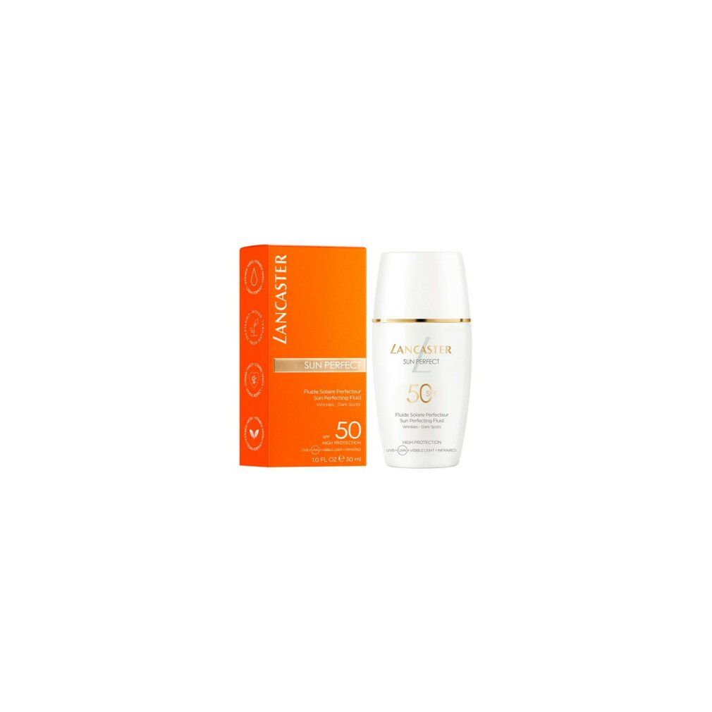Lancaster Sun Perfect Fluid SPF50 und seine orangefarbene Verpackung.