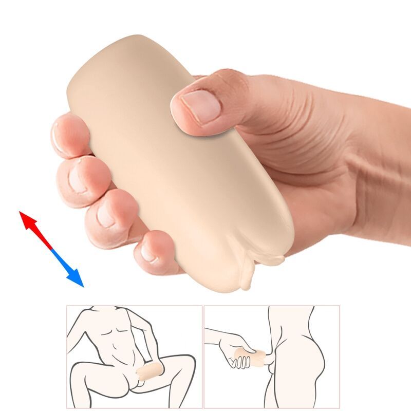 Beiger Masturbator in einer Hand gehalten. Illustrationen zeigen die Anwendung.