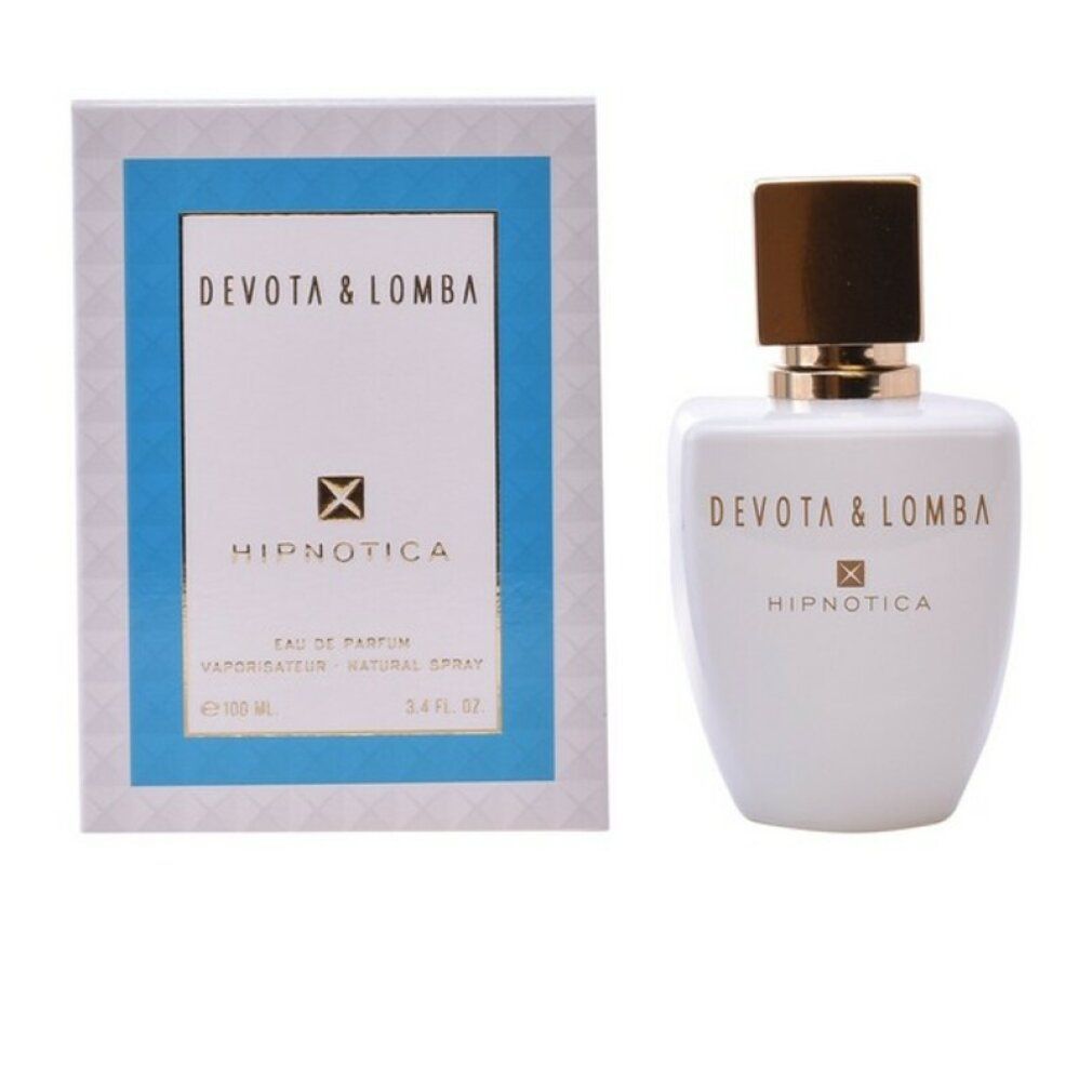 Weißer Flakon mit goldfarbenem Verschluss und Karton. Aufschrift: Devota & Lomba, Hypnotica. Eau de Parfum.