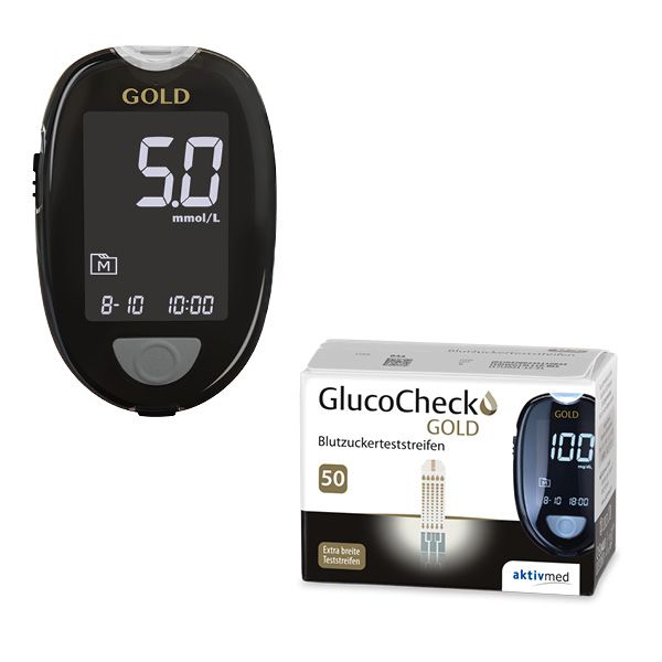 GlucoCheck GOLD Set (mmol/L) zur Kontrolle des Blutzuckers mit 60 Teststreifen