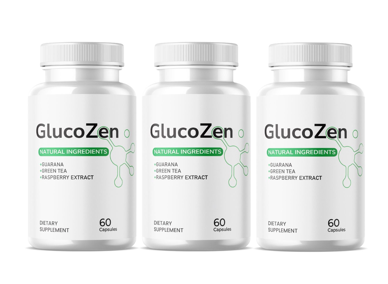 Drei weiße Flaschen mit Schraubverschluss. Aufschrift: GlucoZen, natürliche Inhaltsstoffe, 60 Kapseln. Enthält Guarana, grünen Tee, Himbeerextrakt.