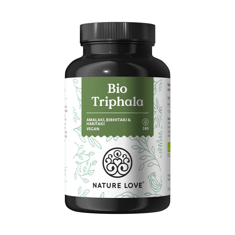 Dunkle Flasche mit Etikett. "Bio Triphala" und "NATURE LOVE" Schriftzug. 180 Kapseln. Vegan.