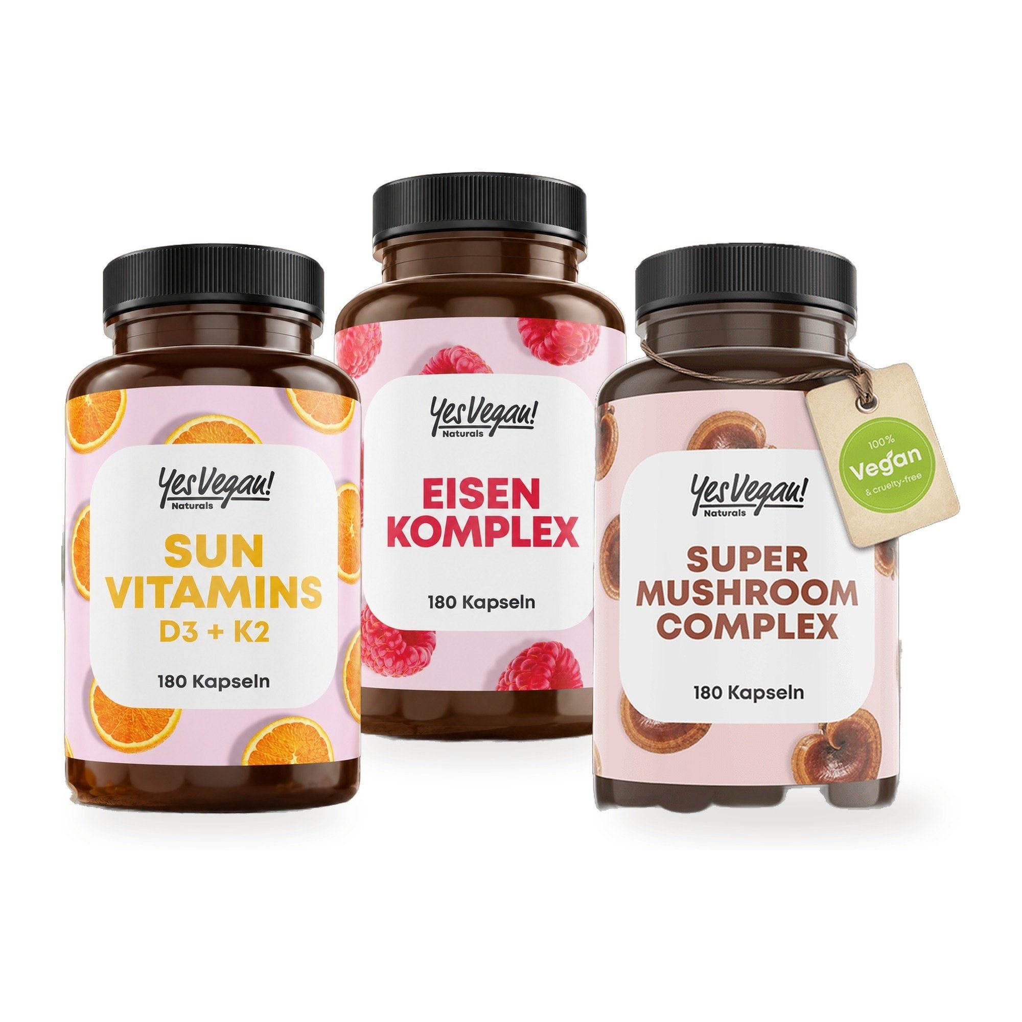 Drei Yes Vegan! Produkte: Eisen Komplex (180 Kapseln), Sun Vitamins D3+K2 (180 Kapseln) und Super Mushroom Complex (180 Kapseln).