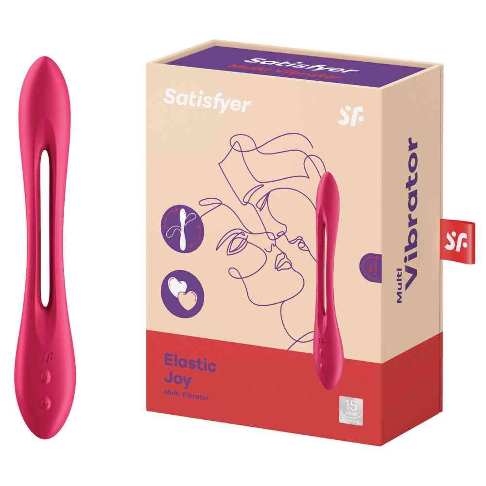 Rosa Vibrator neben Verpackung. Verpackung mit Produktabbildung, Logo und Schriftzug 'Satisfyer'.