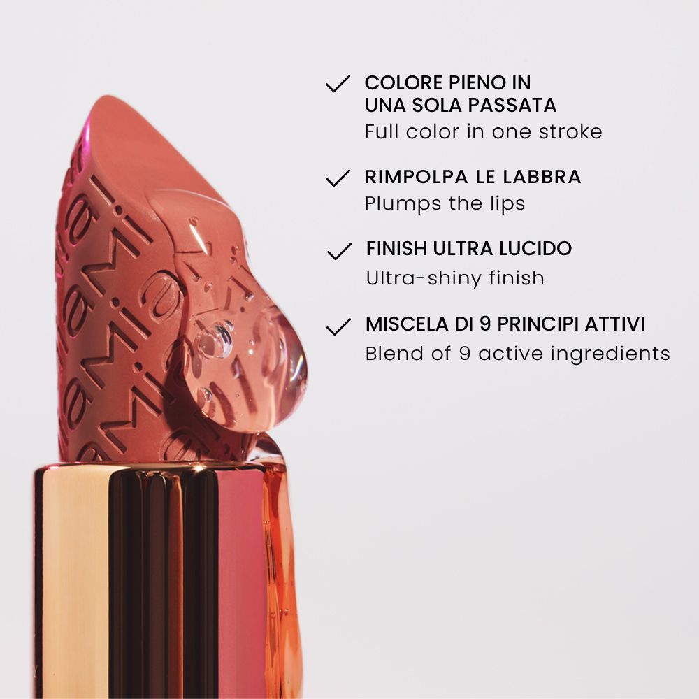 Primo piano di un rossetto. Testo: Colore pieno, Rimpola le labbra, Finish ultra lucido, Miscela di 9 principi attivi.