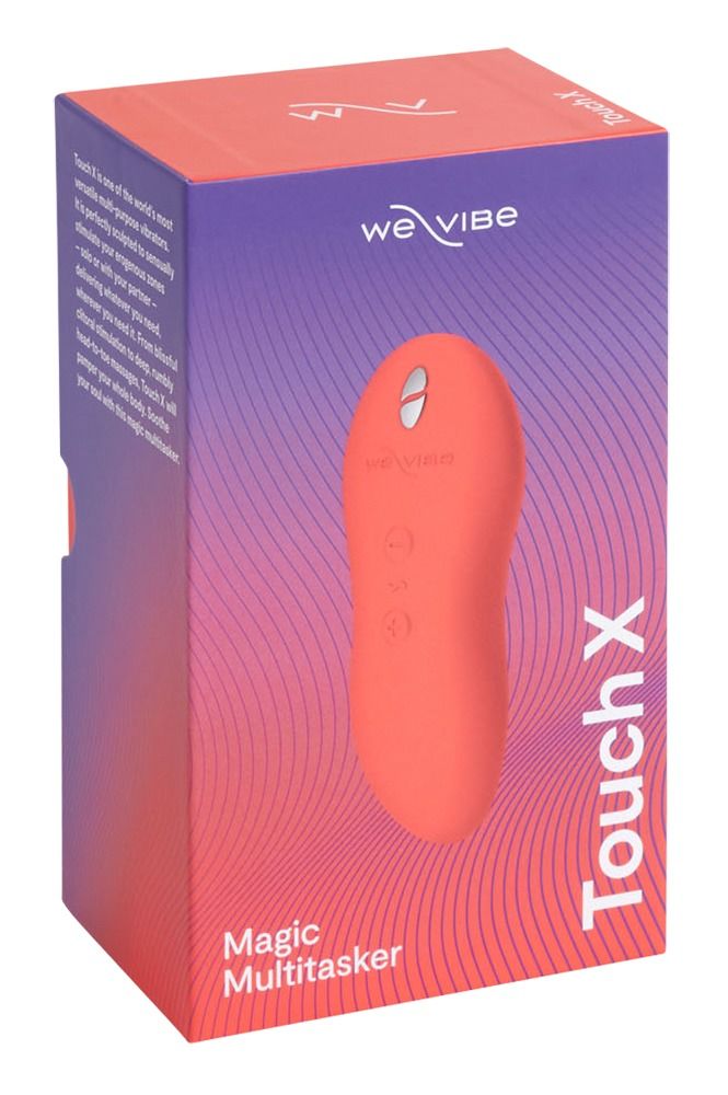 Produktverpackung mit Gerät. Marke We-Vibe und Produktname Touch X. Gerät in Korallenfarbe.