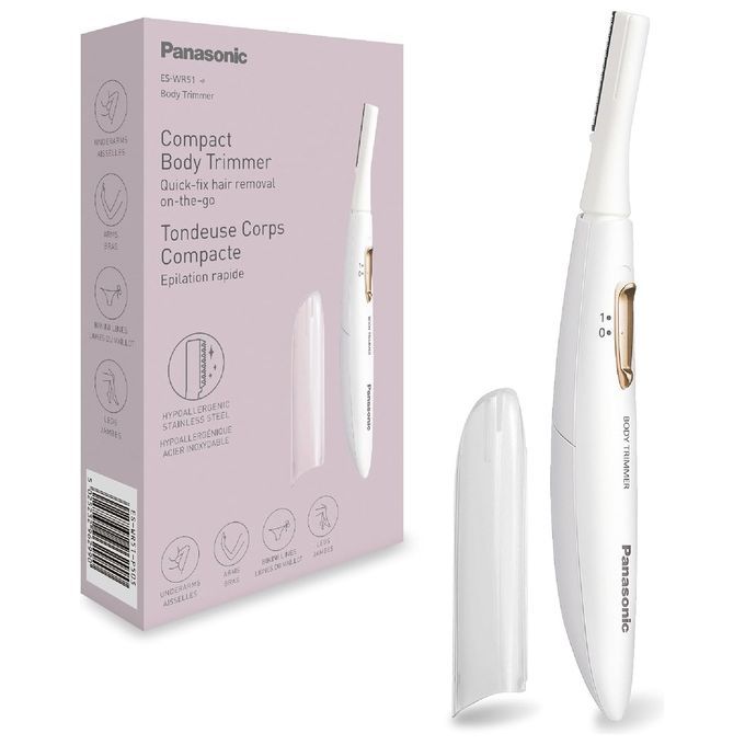 Weißer Body Trimmer mit Verpackung. Auf der Verpackung steht "Compact Body Trimmer". Das Gerät hat eine Schutzkappe.