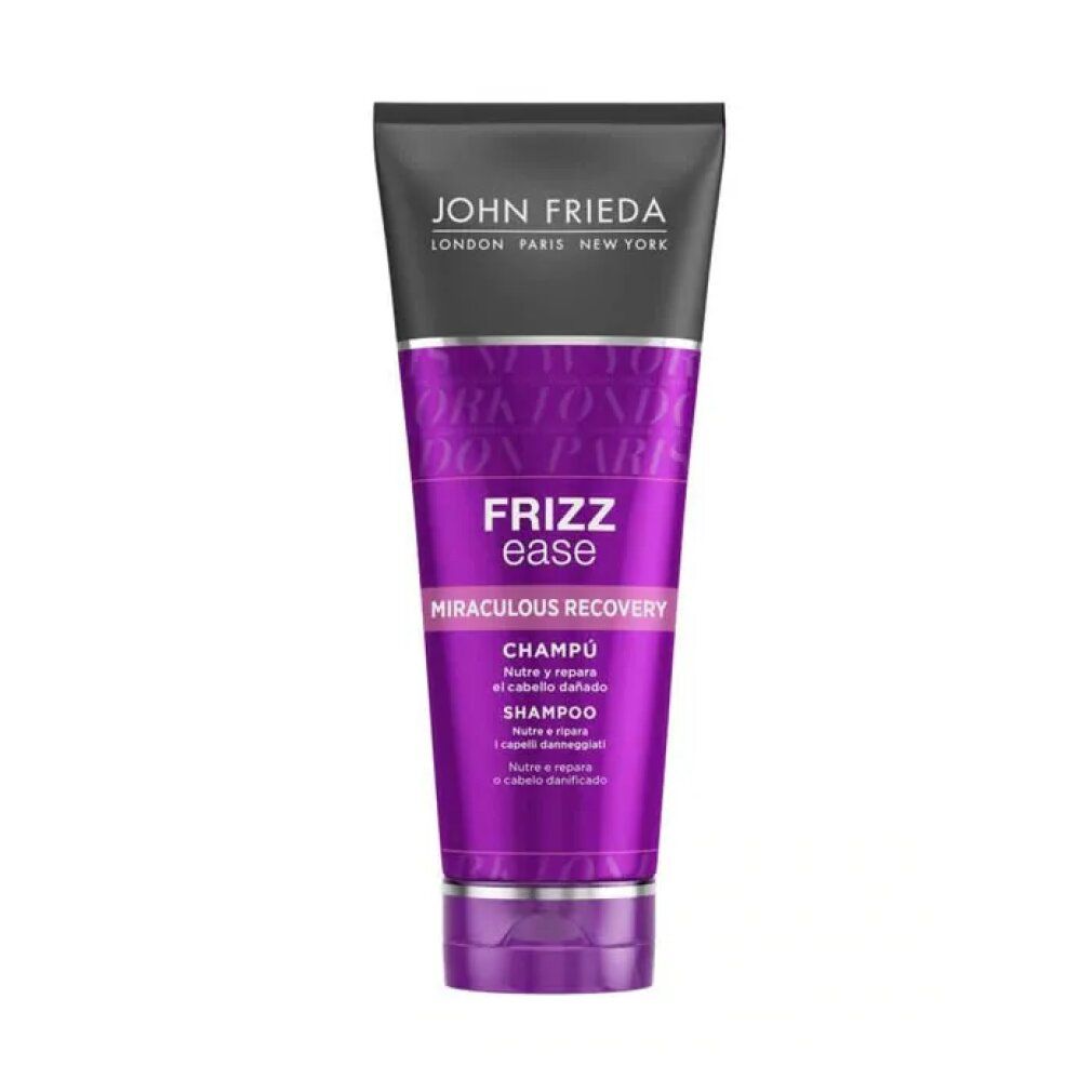 Violette Tube mit schwarzem Deckel. Aufschrift: John Frieda, Frizz Ease, Miraculous Recovery Champú. Für trockenes, geschädigtes Haar.
