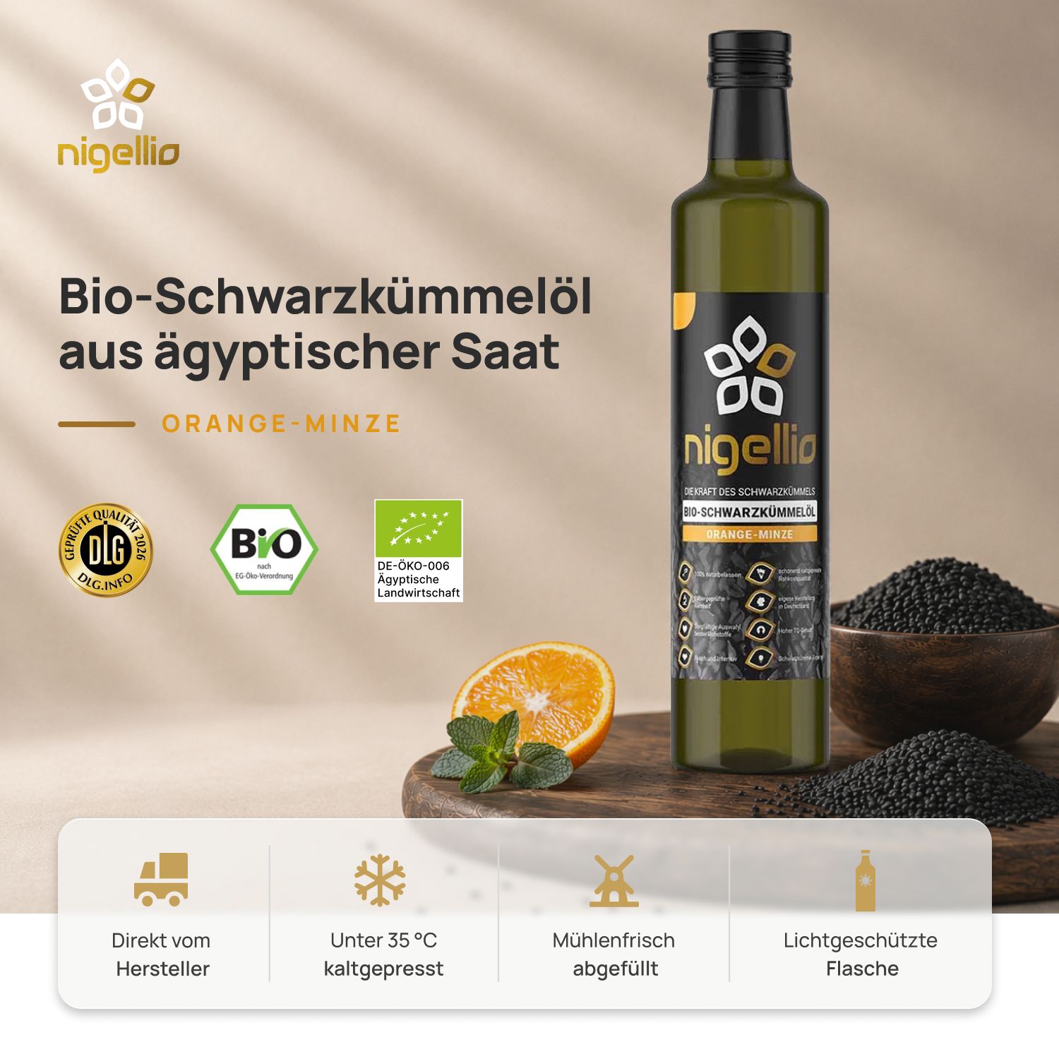 Nigellio Bio-Schwarzkümmelöl ungefiltert mit Orange-Minze verfeinert aus ägyptischer Saat