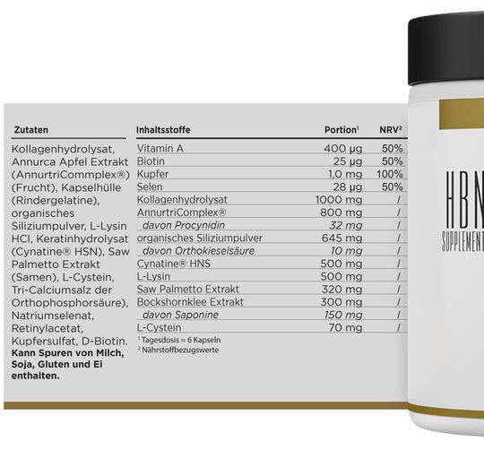 Detailansicht der Zutatenliste auf der Rückseite des HBN Supplements Hair Care-Behälters. Enthält Inhaltsstoffe und Nährwertangaben.