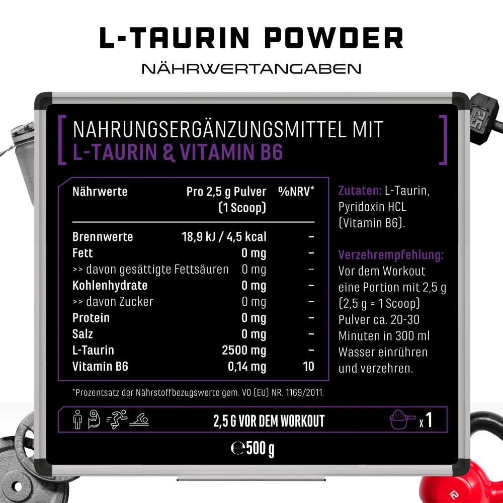 Nährwertangaben für GEN L-Taurin Pulver mit Vitamin B6, inklusive Portionsgröße und Empfehlungen.