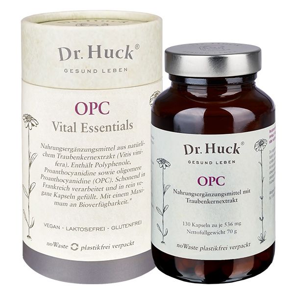 Braune Glasflasche und Pappdose. Aufschrift: Dr. Huck OPC. 130 Kapseln. Vegan, laktosefrei, glutenfrei.