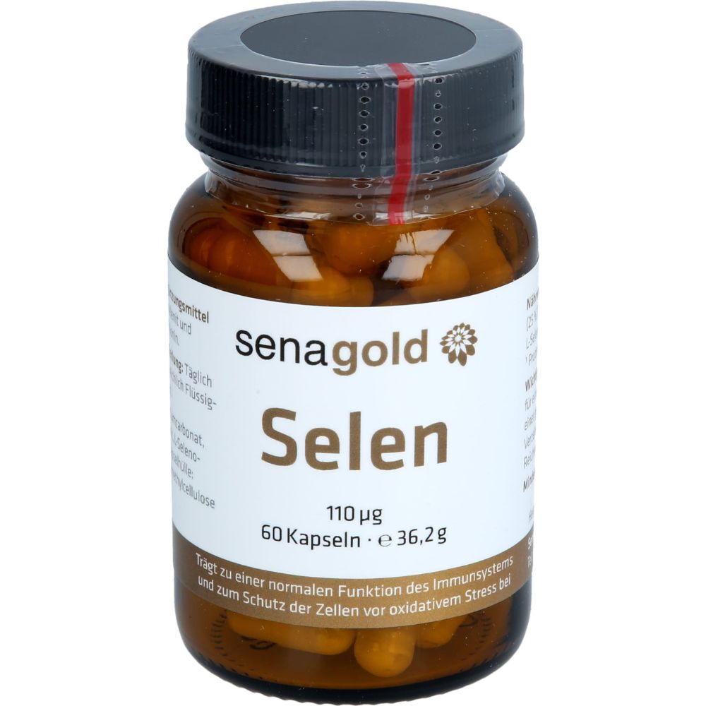 Braune Glasflasche mit Kapseln. Aufschrift: Senagold Selen, 110 µg, 60 Kapseln. Schwarzer Deckel mit rotem Siegel.