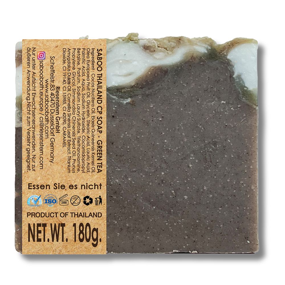 Rechteckige Seife mit grünem Tee. Mit Etikett "SABOO THAILAND CP SOAP - Green Tea". Nettogewicht 180g. Produkt aus Thailand.