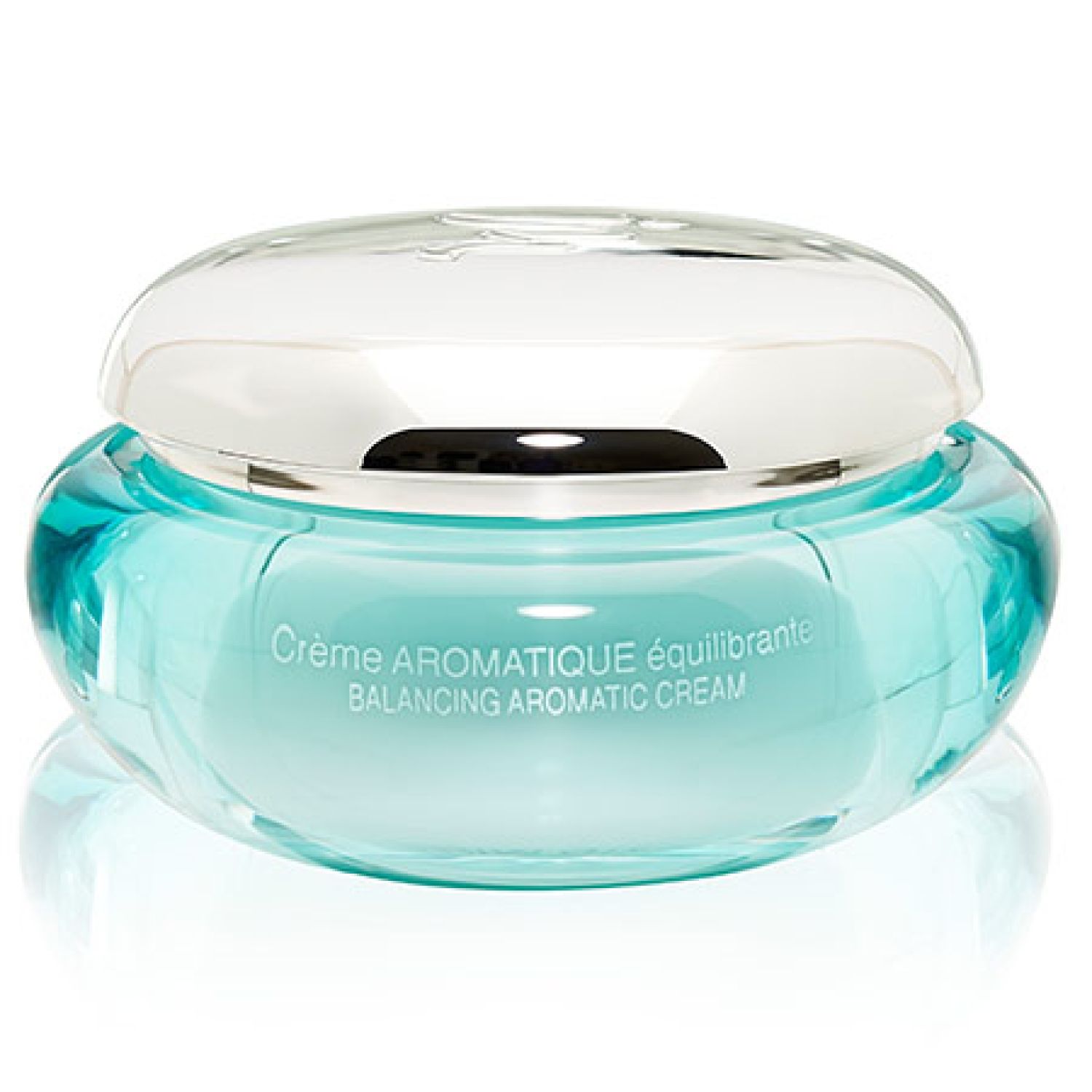 Creme-Glas mit silbernem Deckel. Aufschrift: Crème Aromatique équilibrante, Balancing Aromatic Cream.