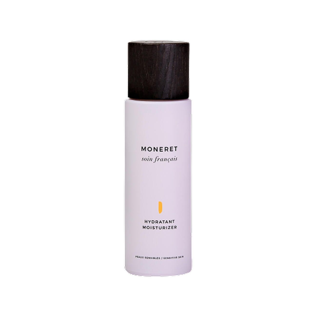 Zylindrische Flasche mit schwarzem Deckel. Aufschrift: MONERET, soin français, Hydratant Moisturizer. Für sensible Haut.