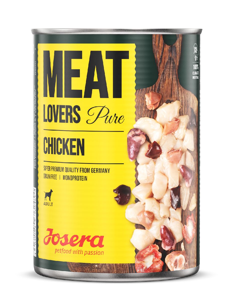 Dose JOSERA Meat Lovers Pure Chicken. Gelbes Etikett mit Schriftzug, Produktabbildung und Logo. Dose mit Deckel.