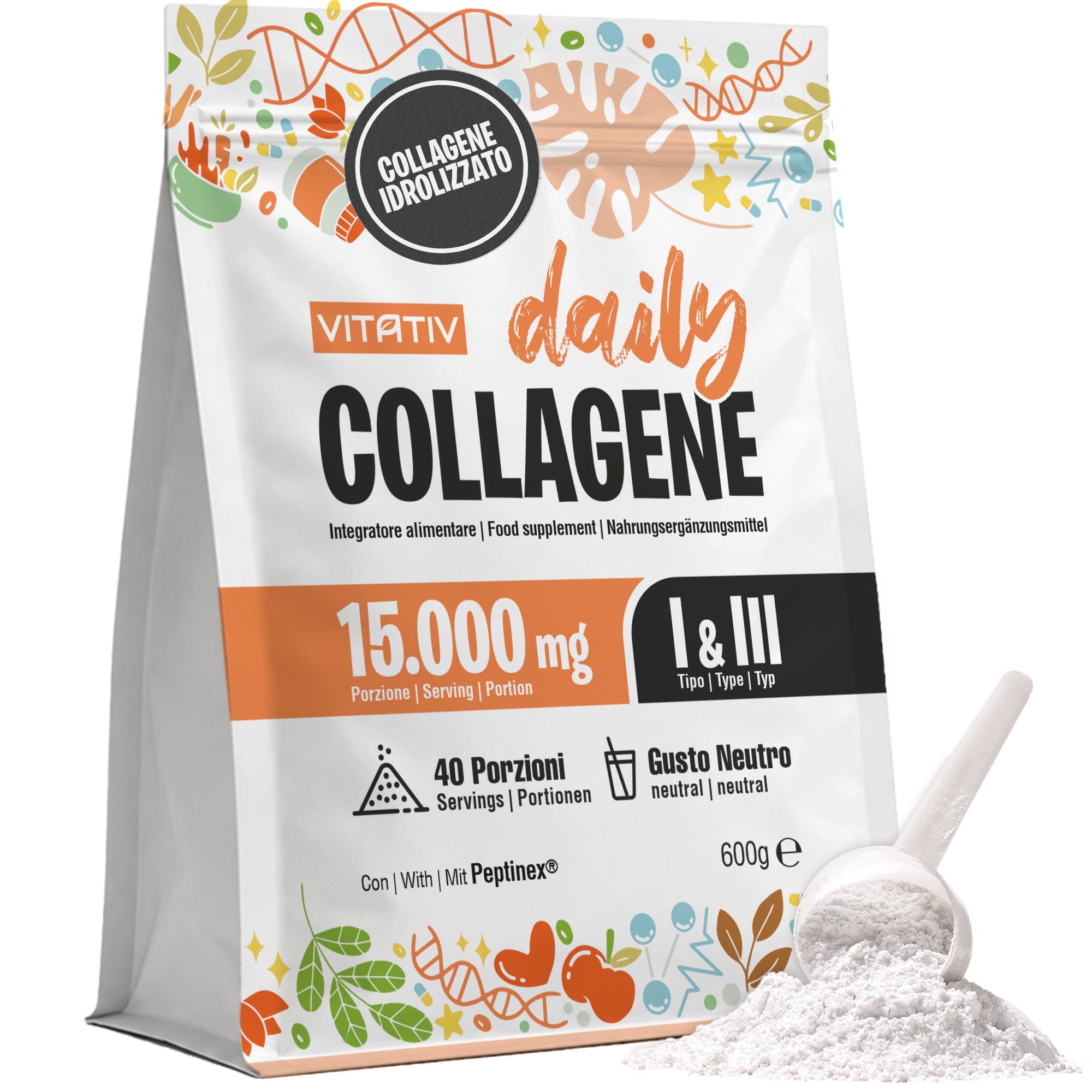 VITATIV Daily Collagene Idrolizzato Bovino Tipo 1 e 3 con Peptinex, in Polvere, Gusto Neutro