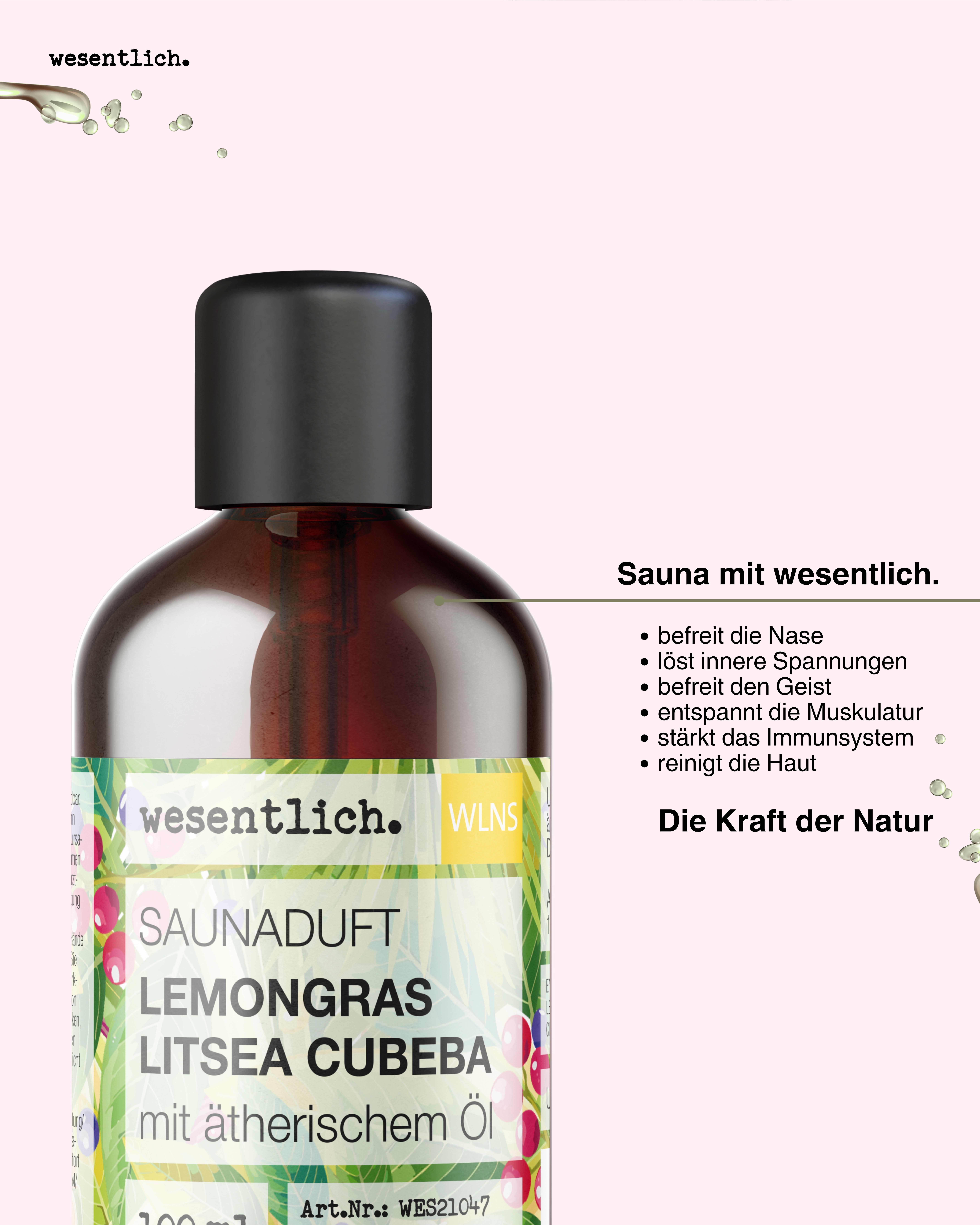 Braune Glasflasche mit schwarzem Deckel. Etikett mit Produktnamen. Text: Sauna mit wesentlich. Vorteile: Nase befreien, Spannungen lösen.