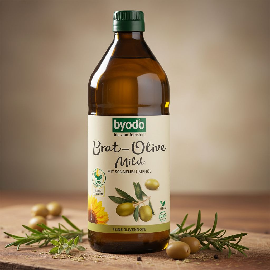 Flasche BYODO Brat-Olive Mild Bio auf Holzunterlage mit Oliven und Kräutern. Etikett mit Olivenzweig und Sonnenblume.