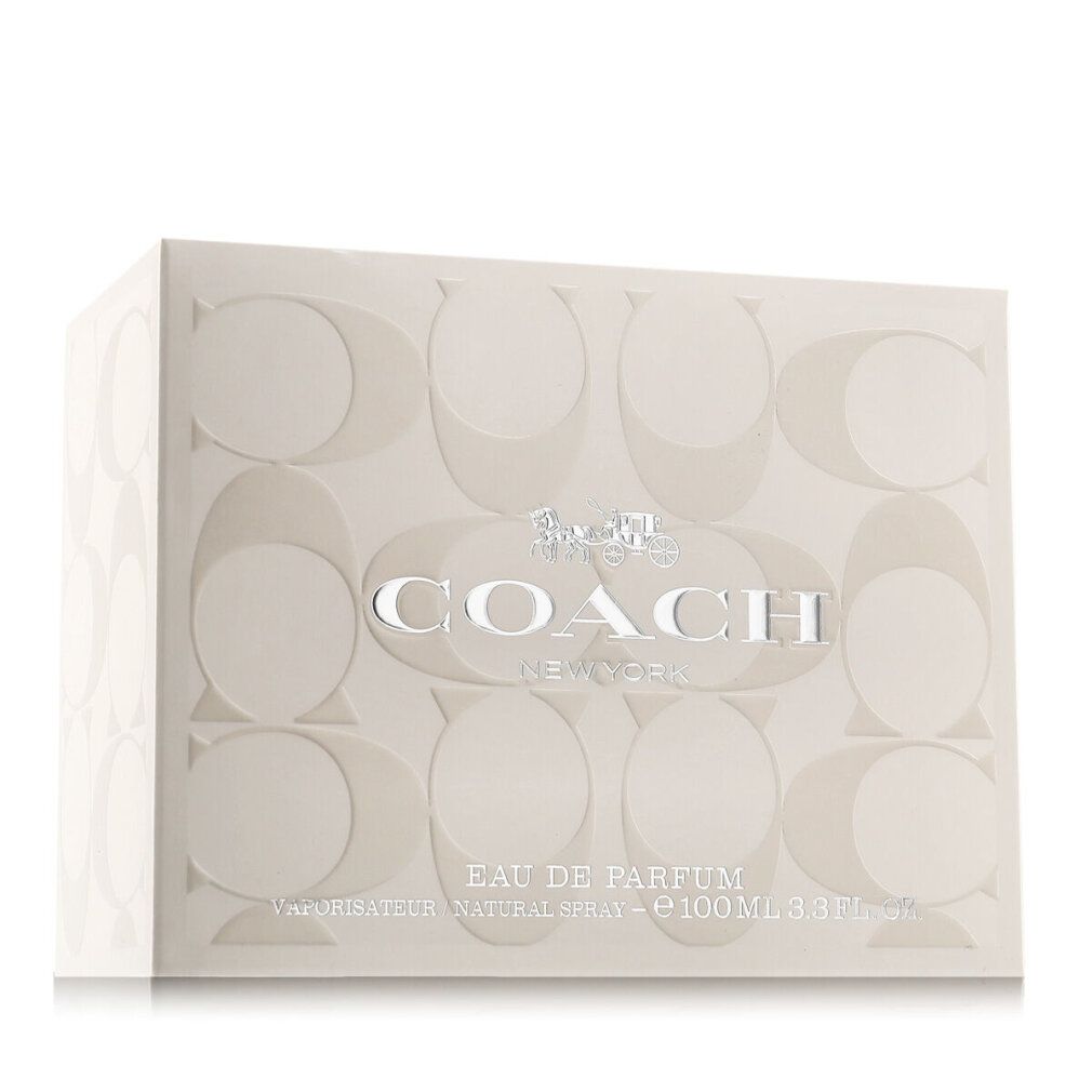 Verpackung für Eau de Parfum. Rechteckige Box mit Logo-Muster und Schriftzug COACH NEW YORK. Aufschrift Eau de Parfum.