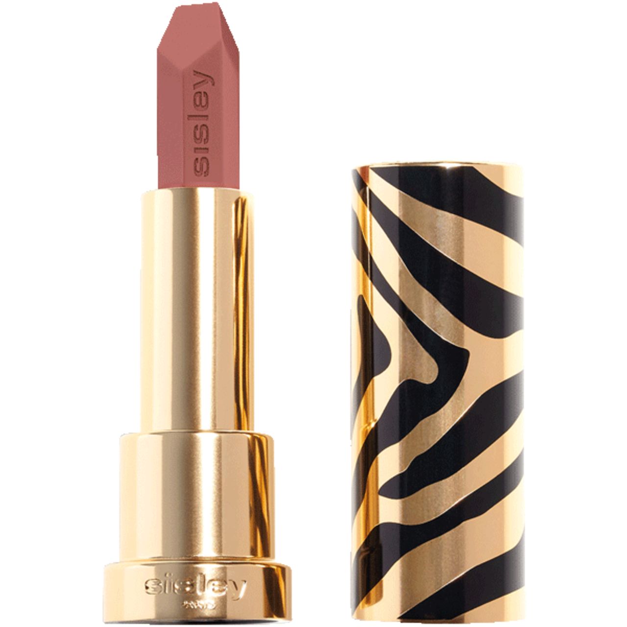 Lippenstift mit goldener Hülse und Zebra-Muster. Der Lippenstift ist geöffnet und zeigt eine rosafarbene Spitze. Sisley-Logo.