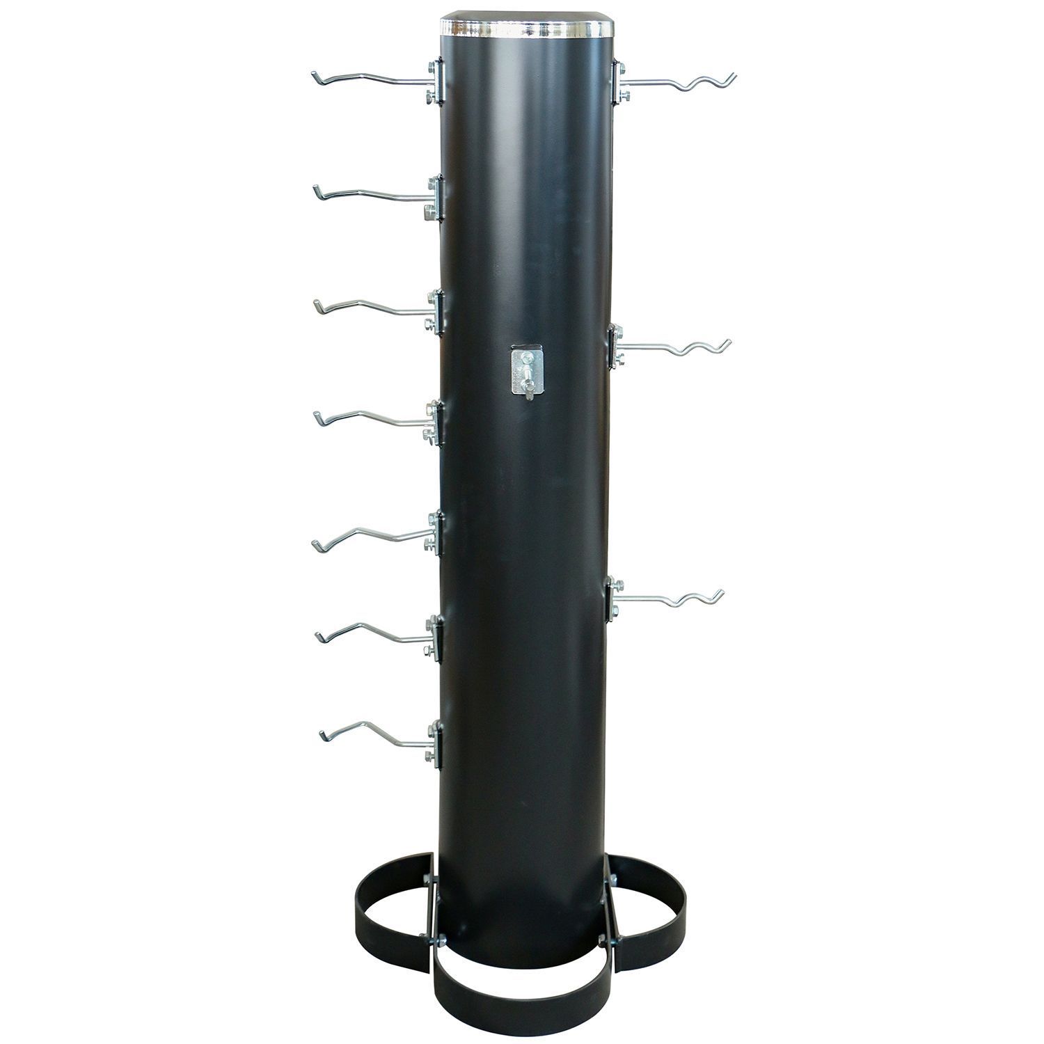 Schwarzer Seilzuggriffständer. Zylindrische Form mit Haken für Griffe. Runde Basis. Metallkonstruktion.