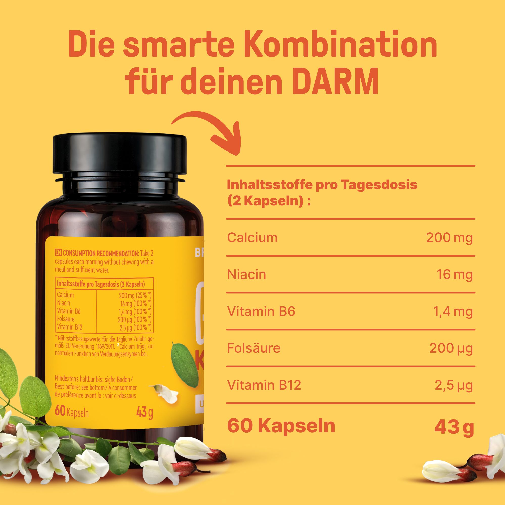 Braune Flasche mit "GUT CARE KAPSELN". Text: Inhaltsstoffe pro Tagesdosis (2 Kapseln): Calcium, Niacin, Vitamin B6, Folsäure, Vitamin B12.