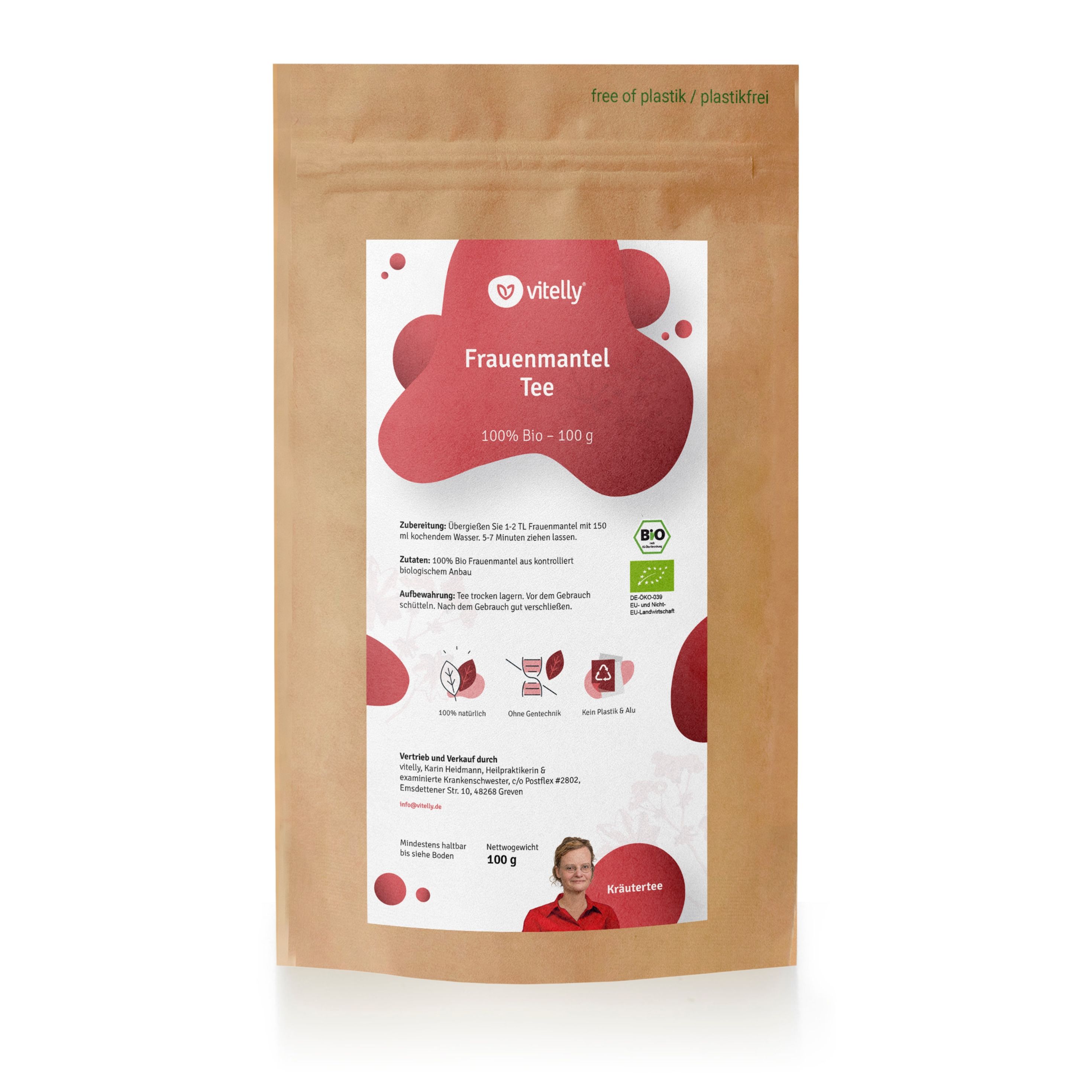 Braune Papiertüte mit Frauenmantel Tee. Aufdruck: Frauenmantel Tee, 100% Bio, 100g. Bio-Siegel. Frau im roten Hemd.