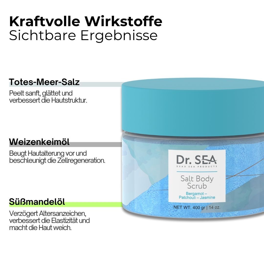 Tiegel "Dr. SEA Salt Body Scrub" mit Text: Totes-Meer-Salz, Weizenkeimöl, Süßmandelöl.