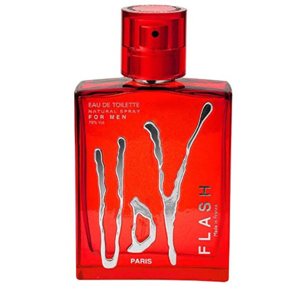 Rotes Eau de Toilette für Herren. Silberne Schriftzüge: UDV, FLASH, PARIS. Quadratische Flasche mit rotem Verschluss.