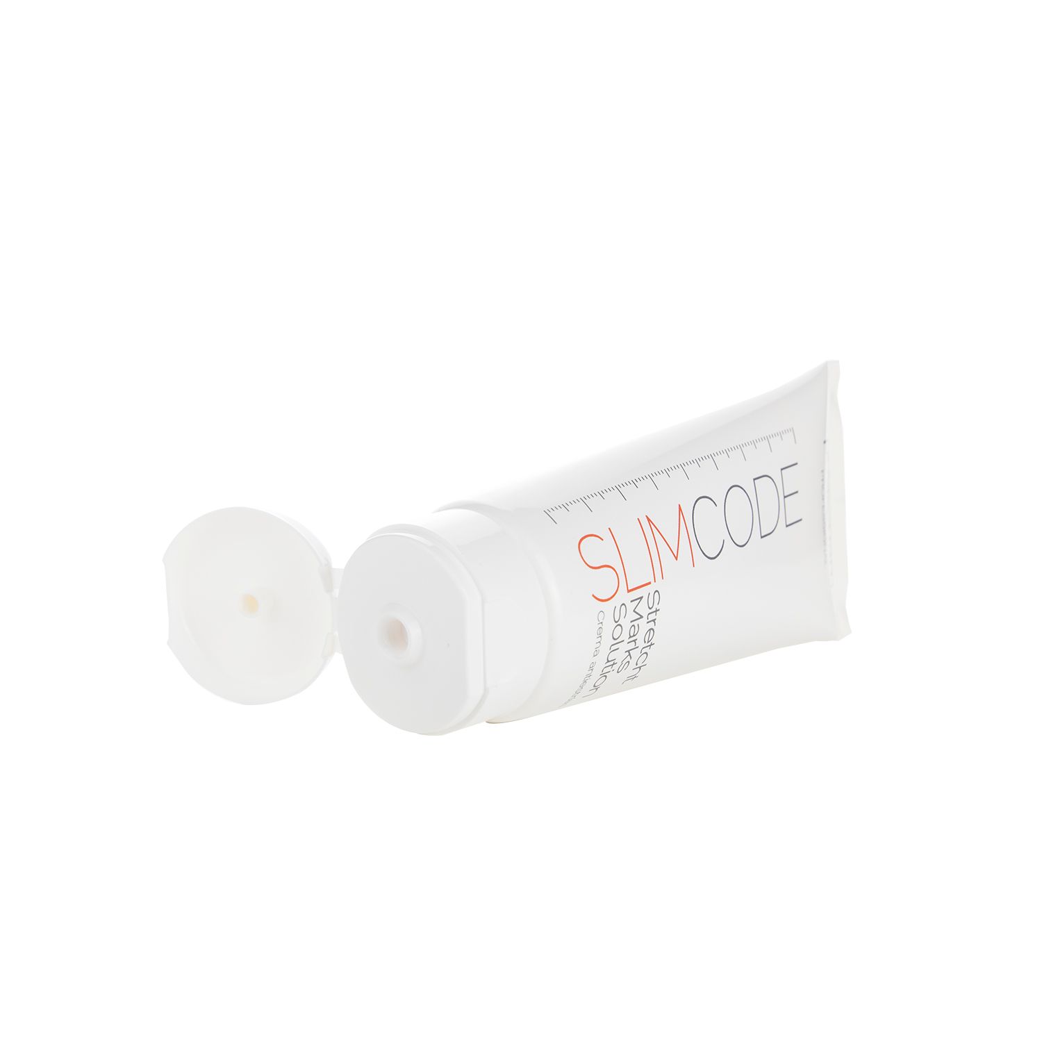 Weiße Tube mit roter Aufschrift SLIMCODE und Stretch Marks Solution. Offener Deckel. Marke Postquam.