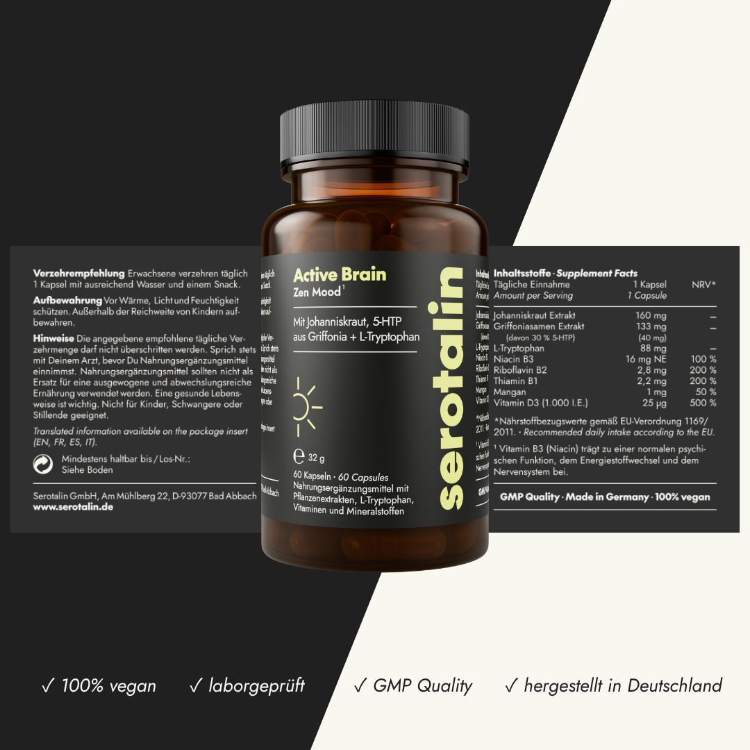 Braune Flasche mit Kapseln, Text: Active Brain Zen Mood, serotalin. Inhaltsstoffe, Nährwertangaben, GMP Quality, 100% vegan, laborgeprüft.