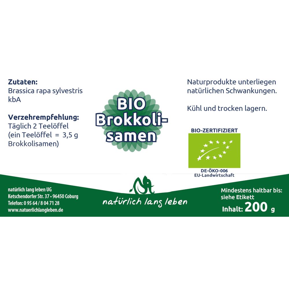 Etikett mit Informationen zu Zutaten, Verzehrempfehlung, Bio-Zertifizierung und Inhaltsangabe. Logo "natürlich lang leben".