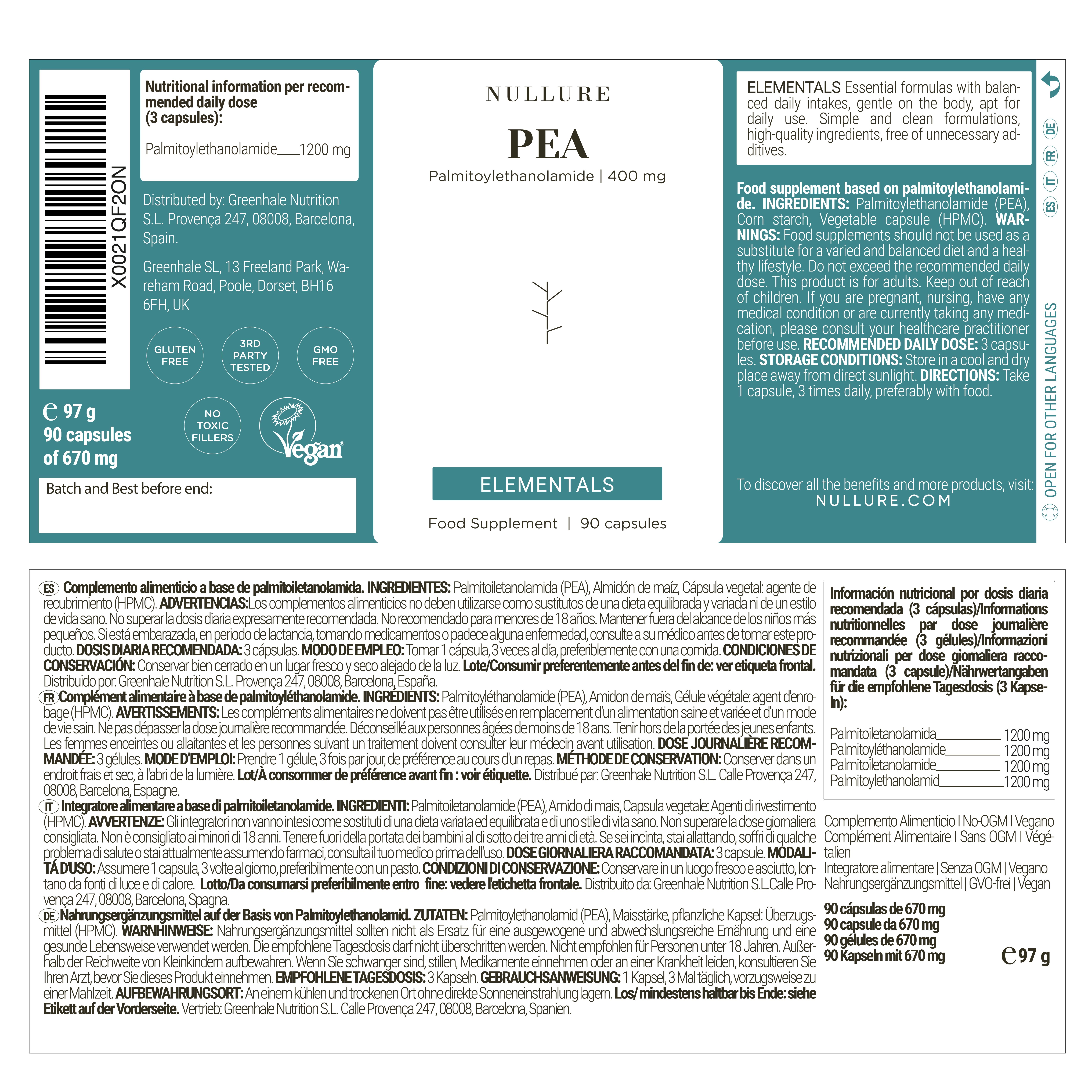 Etikett mit Text. Text: Nährwertangaben. Zutaten. Empfohlene Tagesdosis. Gebrauchsanweisung. Glutenfrei, vegan.