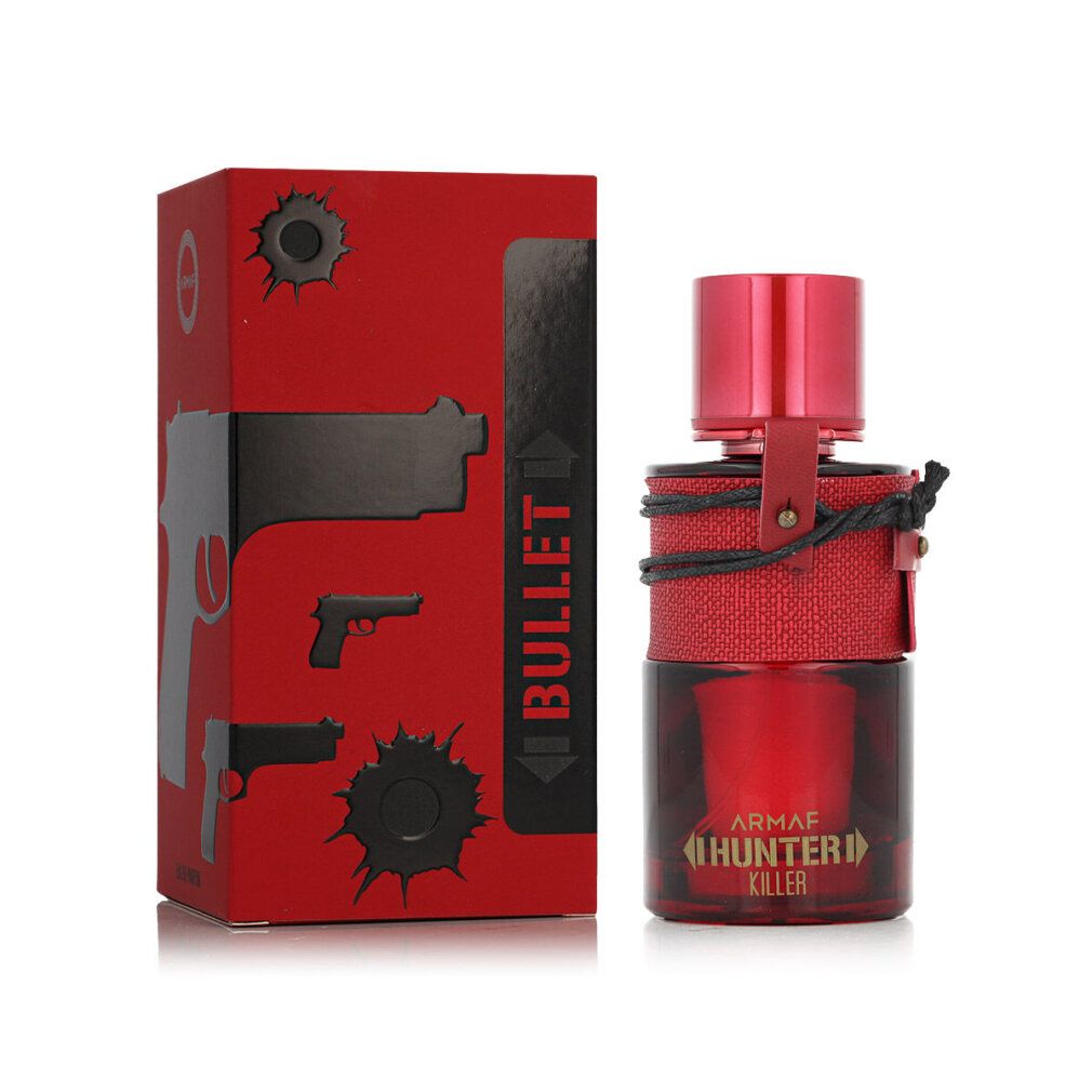 Rote Flasche mit rotem Verschluss und Lederband. Rote Verpackung mit "BULLET" und Pistolen-Illustrationen.