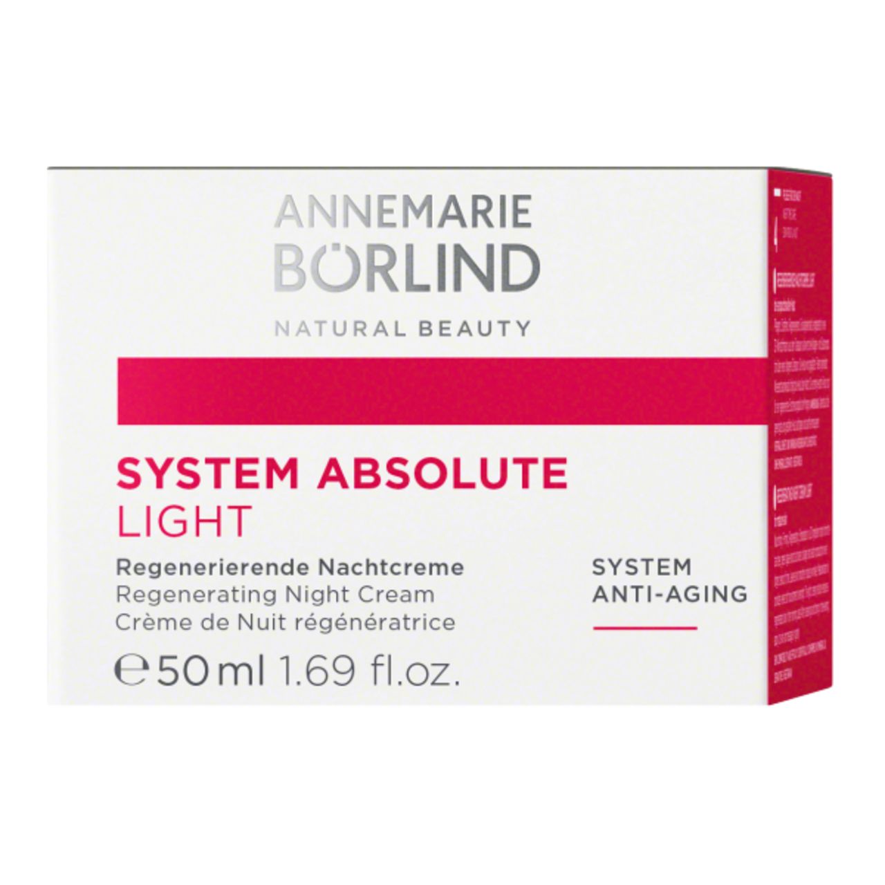 Verpackung mit Aufschrift: ANNEMARIE BÖRLIND, SYSTEM ABSOLUTE LIGHT, Regenerierende Nachtcreme. 50ml.