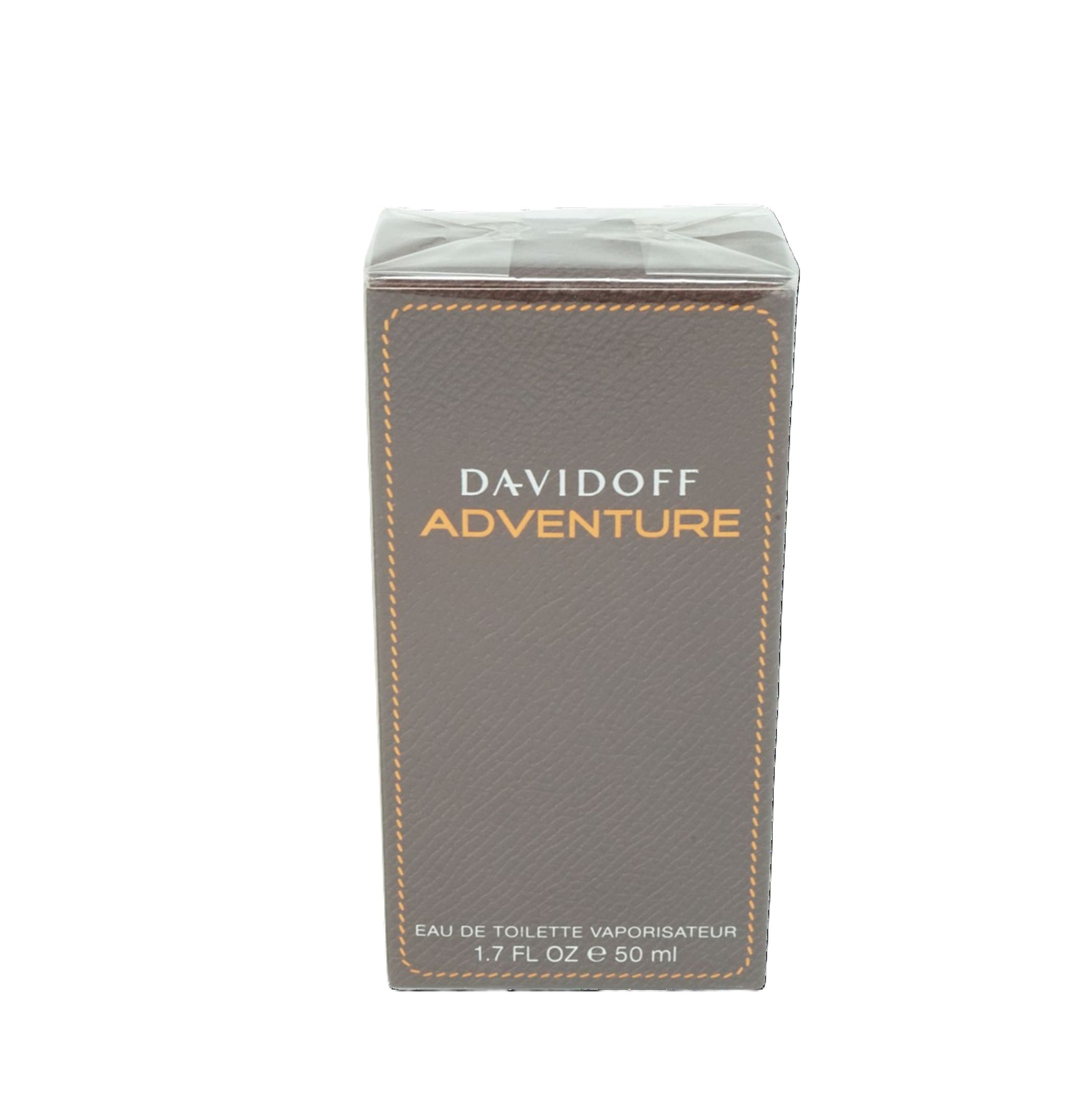 Davidoff Adventure Eau de Toilette, 50 ml. Rechteckige Verpackung, braun mit orangefarbener Schrift. Klare Folie.