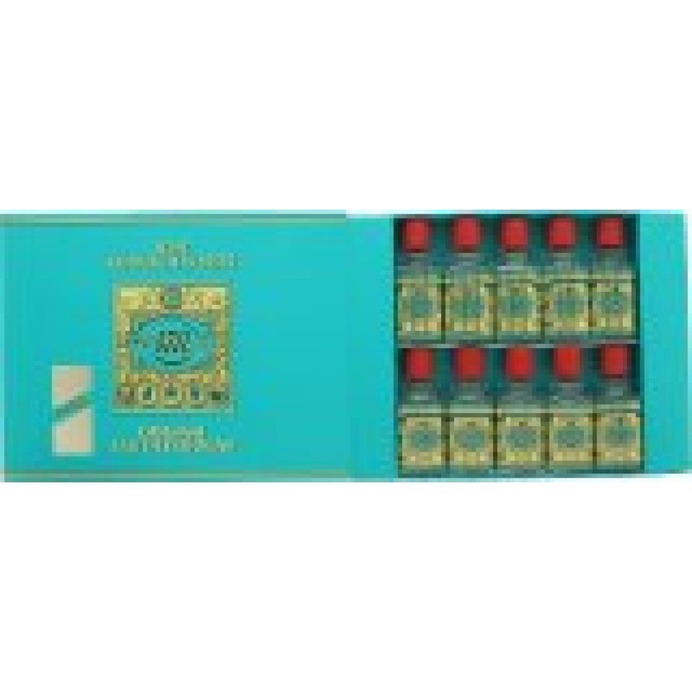 Türkisfarbene Schachtel mit 10 Flakons. Aufschrift: Echt Kölnisch Wasser, 4711. Flakons mit rotem Verschluss.