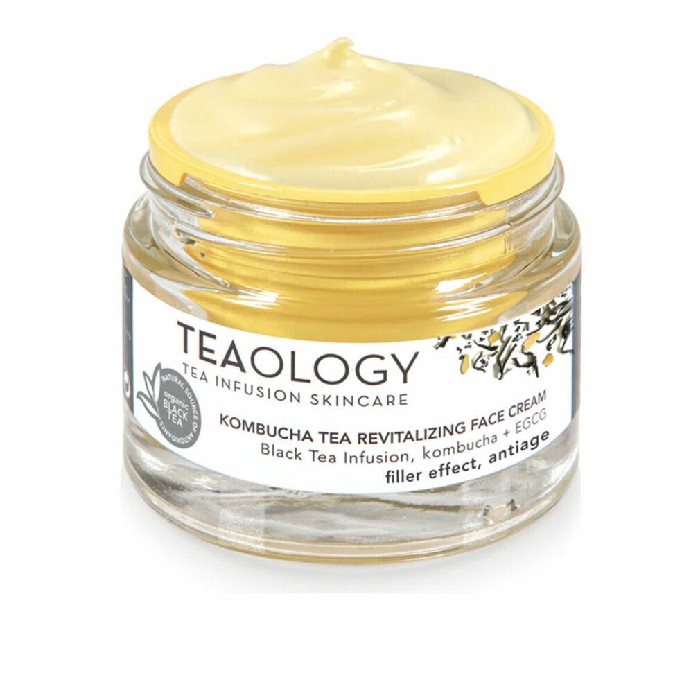 Glasbehälter mit gelblicher Creme. Aufschrift: Teaology, Kombucha Tea Revitalizing Face Cream.