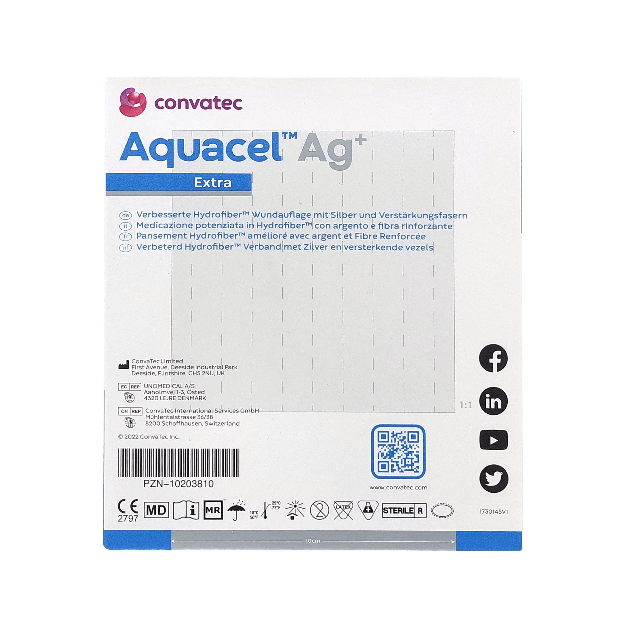 Rückseite der Verpackung von Aquacel Ag+ Extra. Text in mehreren Sprachen, QR-Code, Logos und Kontaktinformationen. Marke Convatec.